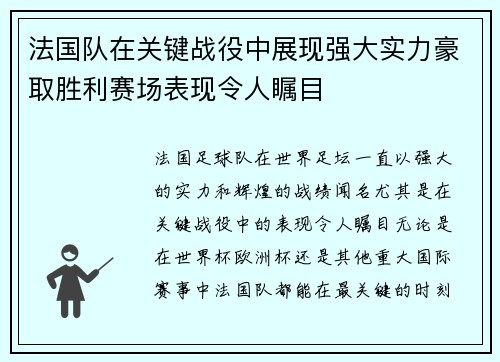 法国队在关键战役中展现强大实力豪取胜利赛场表现令人瞩目